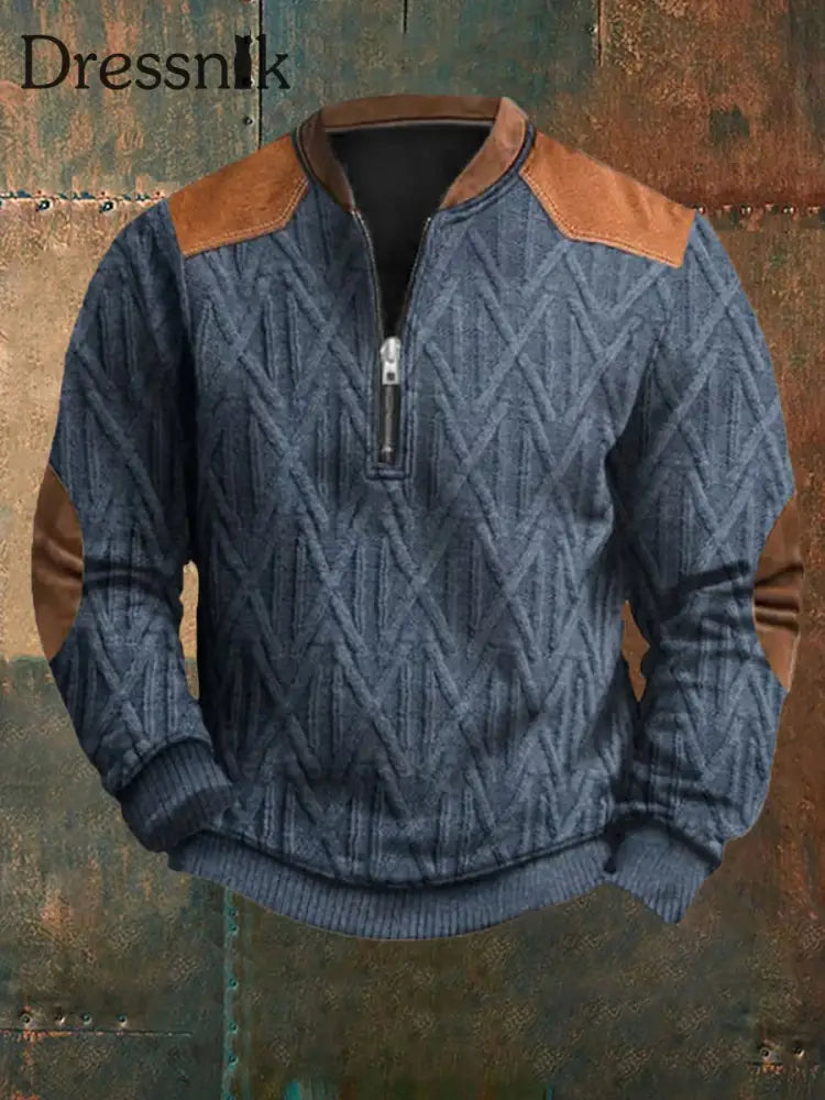 Herren Vintage Kabel muster Print Casual Reiß verschluss Sweatshirt Blau / S