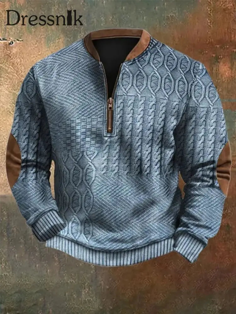Herren Vintage Kabel muster Print Casual Reiß verschluss Sweatshirt Blau / S