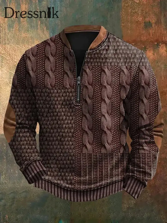 Herren Vintage Kabel muster Print Casual Reiß verschluss Sweatshirt Braun / S