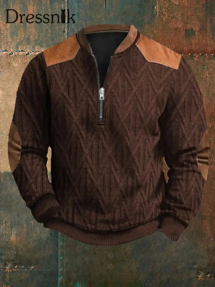 Herren Vintage Kabel muster Print Casual Reiß verschluss Sweatshirt Braun / S