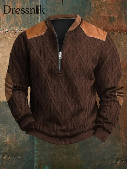 Herren Vintage Kabel muster Print Casual Reiß verschluss Sweatshirt Braun / S