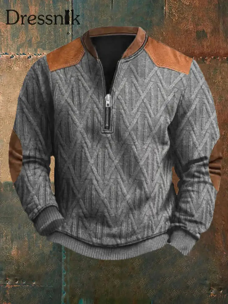 Herren Vintage Kabel muster Print Casual Reiß verschluss Sweatshirt Grau / S