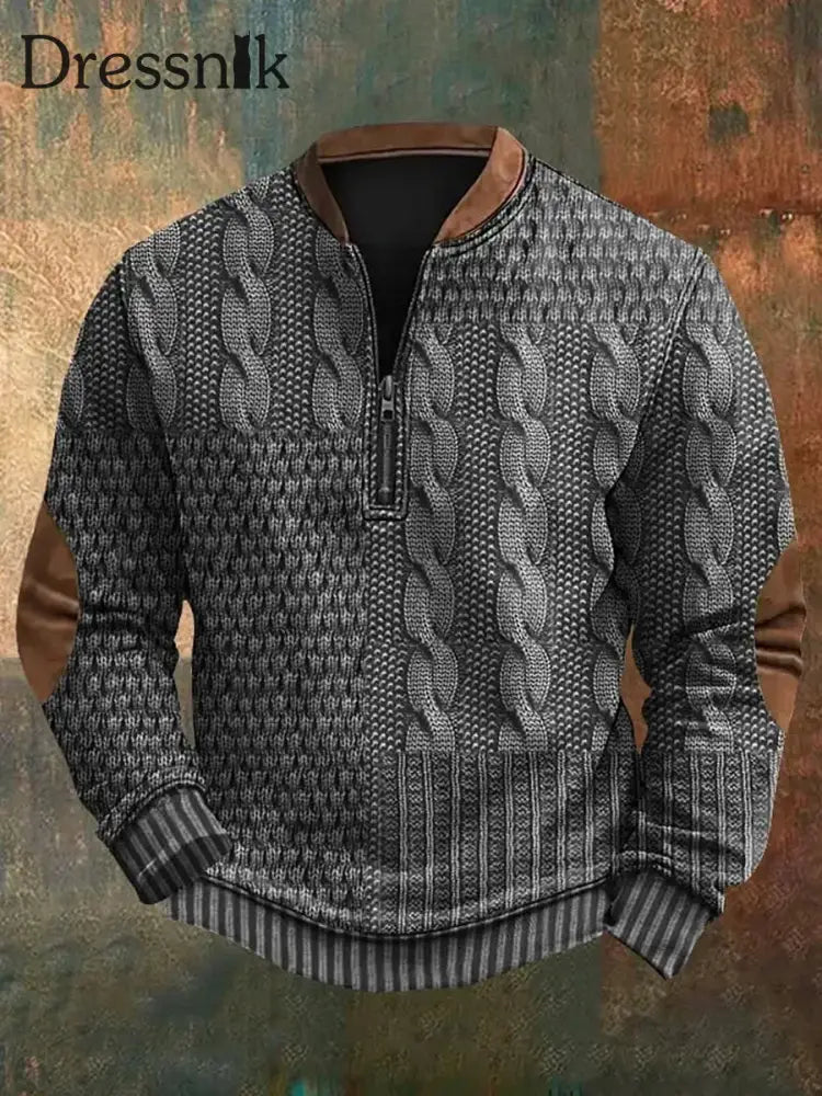Herren Vintage Kabel muster Print Casual Reiß verschluss Sweatshirt Grau / S
