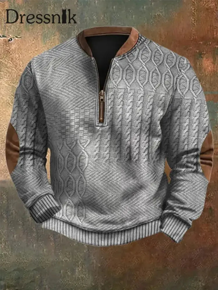 Herren Vintage Kabel muster Print Casual Reiß verschluss Sweatshirt Grau / S