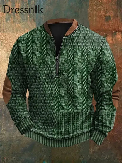 Herren Vintage Kabel muster Print Casual Reiß verschluss Sweatshirt Grün / S