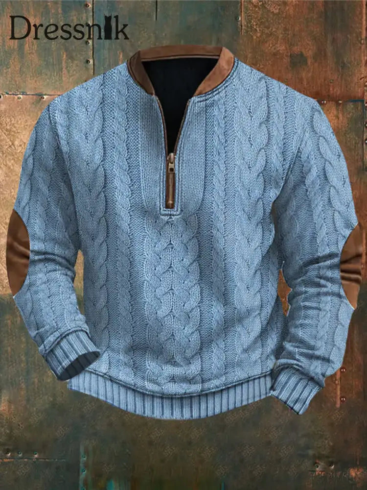 Herren Vintage Kabel muster Print Casual Reiß verschluss Sweatshirt Hellblau / S