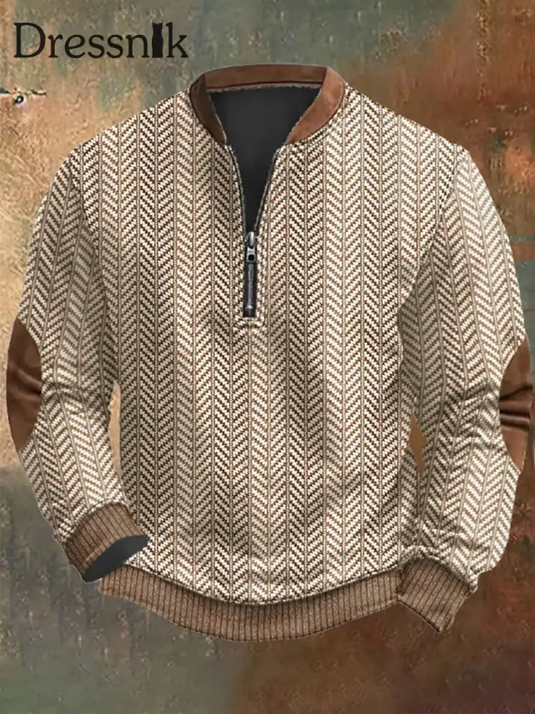 Herren Vintage Kabel muster Print Casual Reiß verschluss Sweatshirt Khaki / S