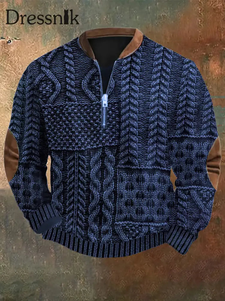 Herren Vintage Kabel muster Print Casual Reiß verschluss Sweatshirt Marineblau / S