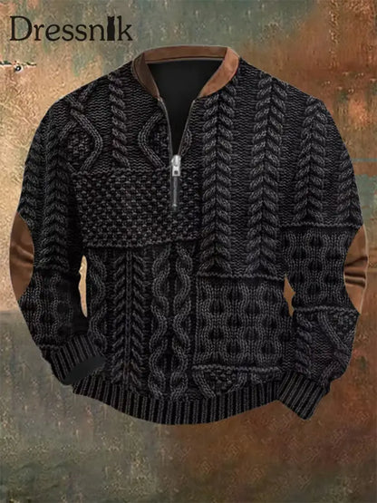 Herren Vintage Kabel muster Print Casual Reiß verschluss Sweatshirt Schwarz / S