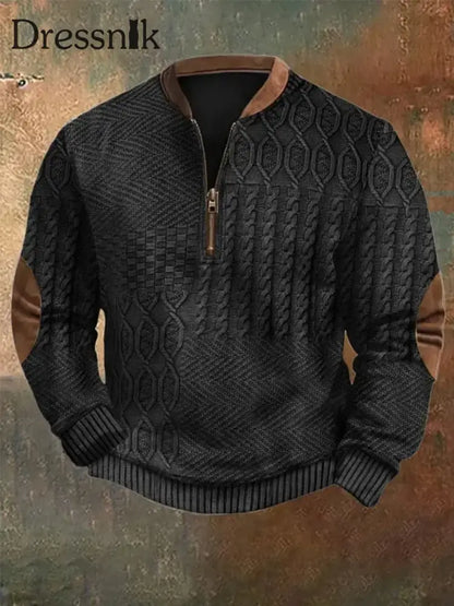 Herren Vintage Kabel muster Print Casual Reiß verschluss Sweatshirt Schwarz / S
