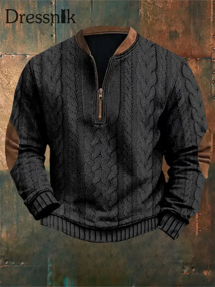 Herren Vintage Kabel muster Print Casual Reiß verschluss Sweatshirt Schwarz / S
