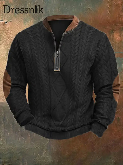 Herren Vintage Kabel muster Print Casual Reiß verschluss Sweatshirt Schwarz / S