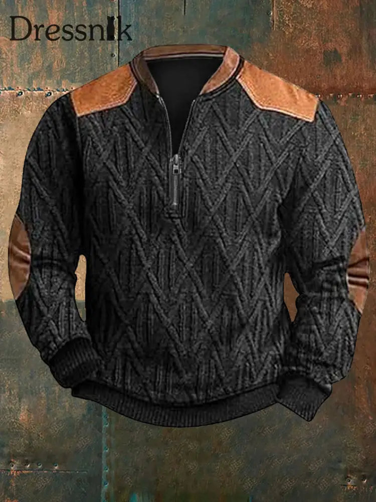 Herren Vintage Kabel muster Print Casual Reiß verschluss Sweatshirt Schwarz / S
