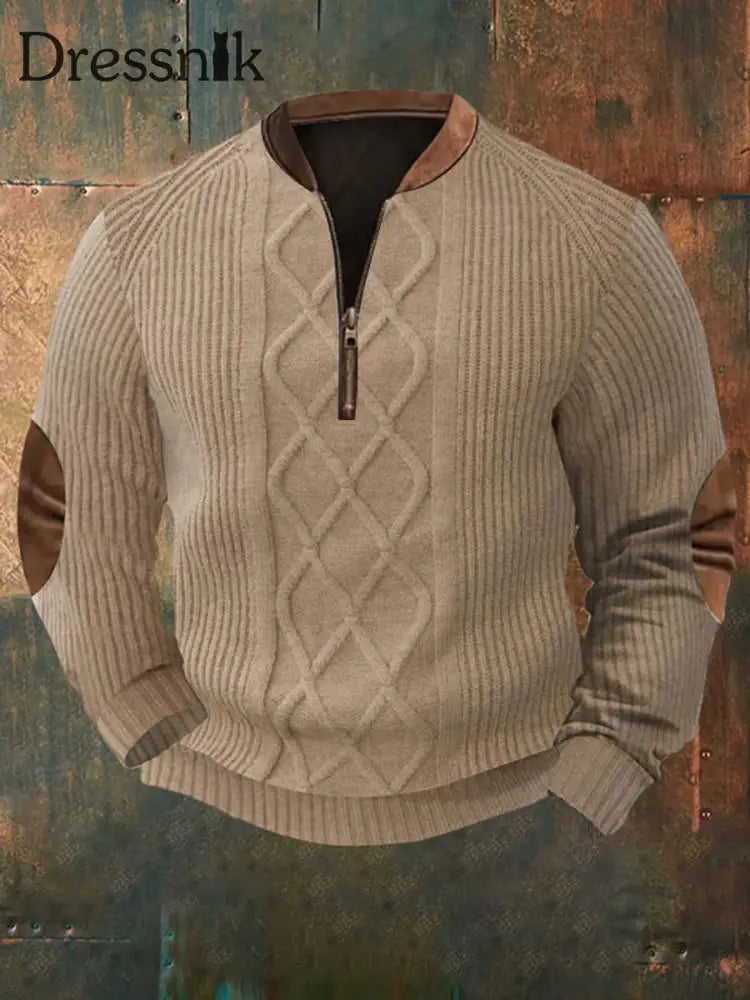 Herren Vintage Kabel muster Print Casual Sweatshirt Khaki / S
