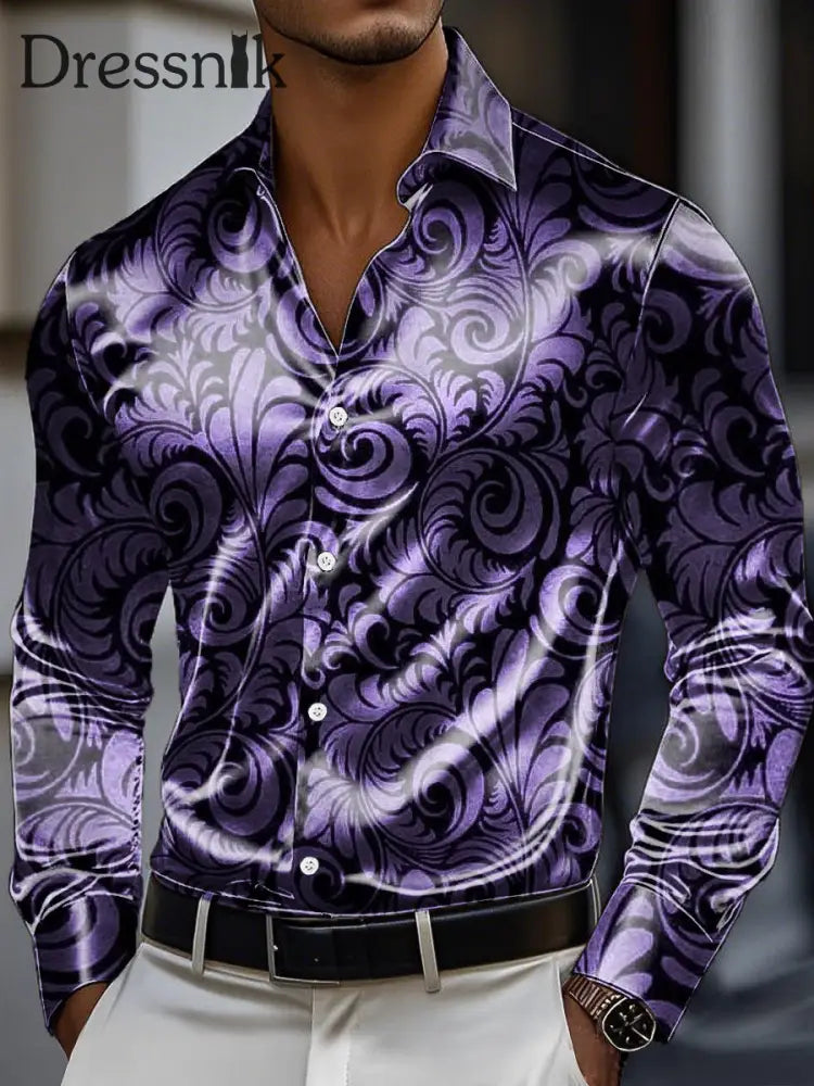 Herren Vintage lila Tumbleweed Print Premium Satin Langarm Hemd bunt / S