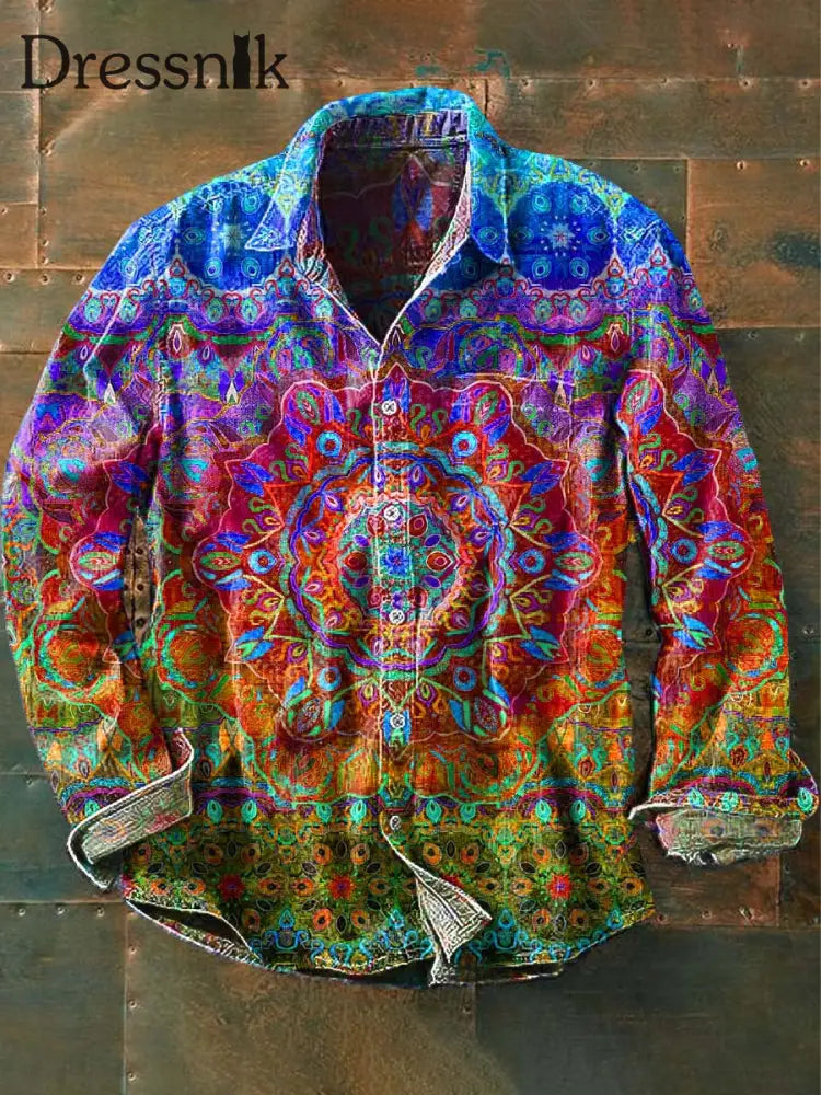 Herren Vintage Mandala Print Lässiges Revers Langarm Hemd Blau / S