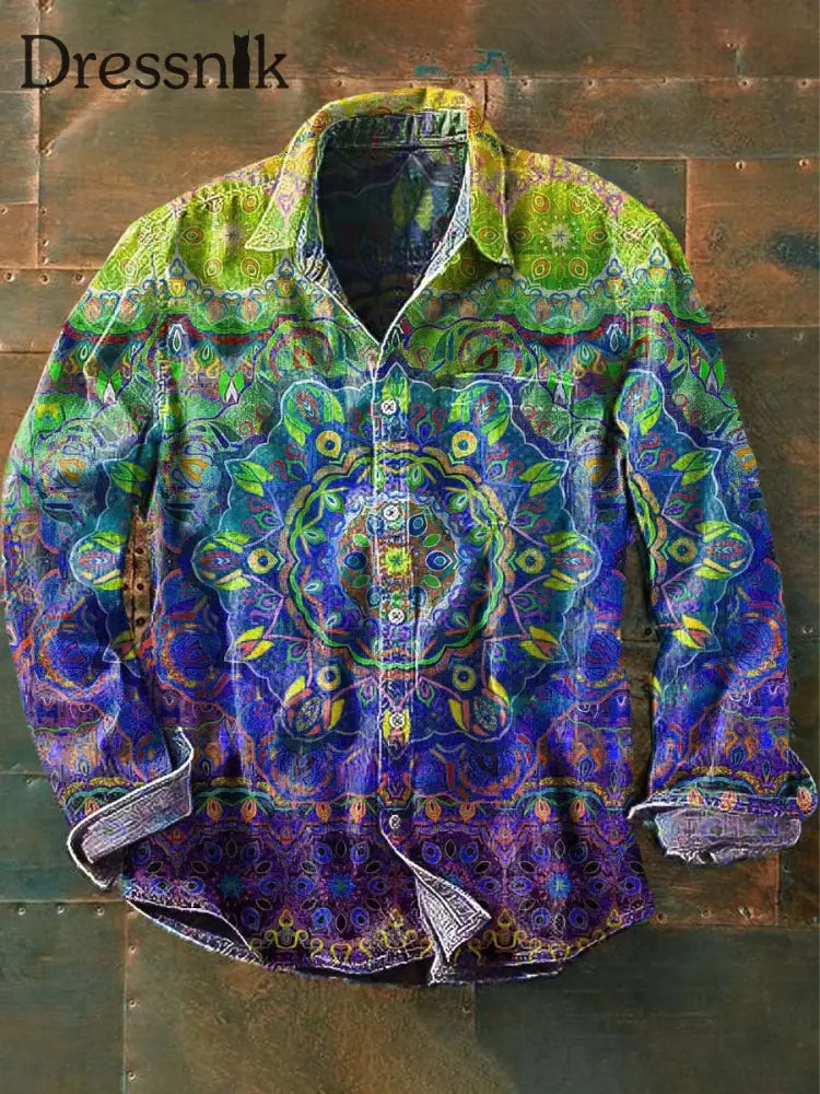 Herren Vintage Mandala Print Lässiges Revers Langarm Hemd Gelb / S