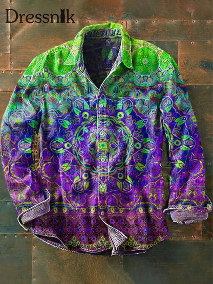 Herren Vintage Mandala Print Lässiges Revers Langarm Hemd Grün / S