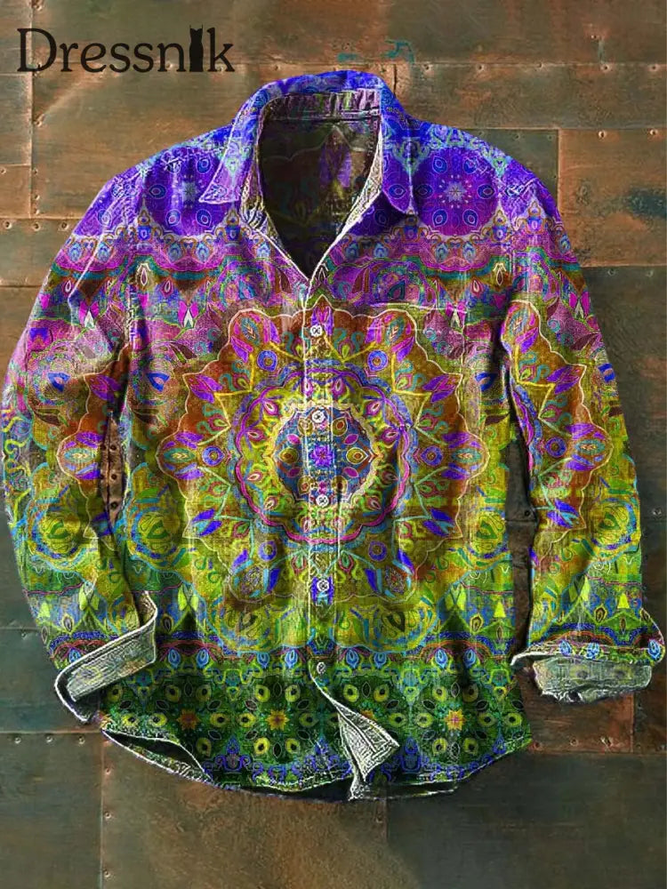 Herren Vintage Mandala Print Lässiges Revers Langarm Hemd Lila / S
