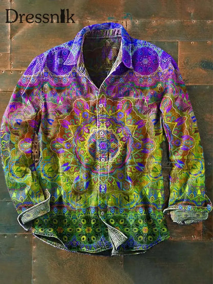 Herren Vintage Mandala Print Lässiges Revers Langarm Hemd Lila / S