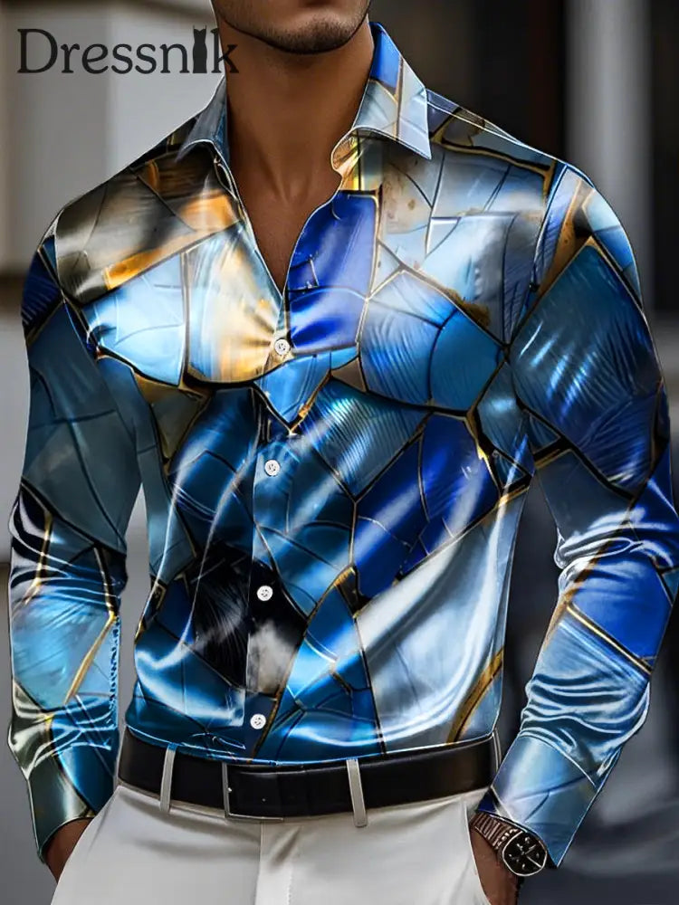 Herren Vintage Marmoriertes Print Premium Satin Langarm Hemd bunt / S
