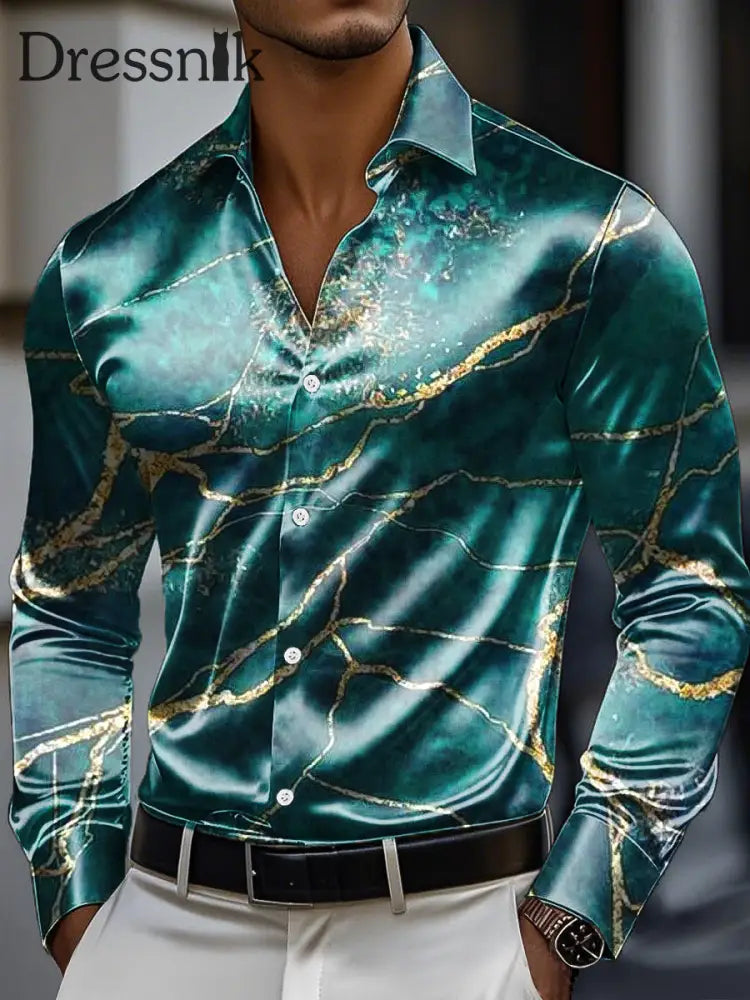 Herren Vintage Marmoriertes Print Premium Satin Langarm Hemd bunt / S