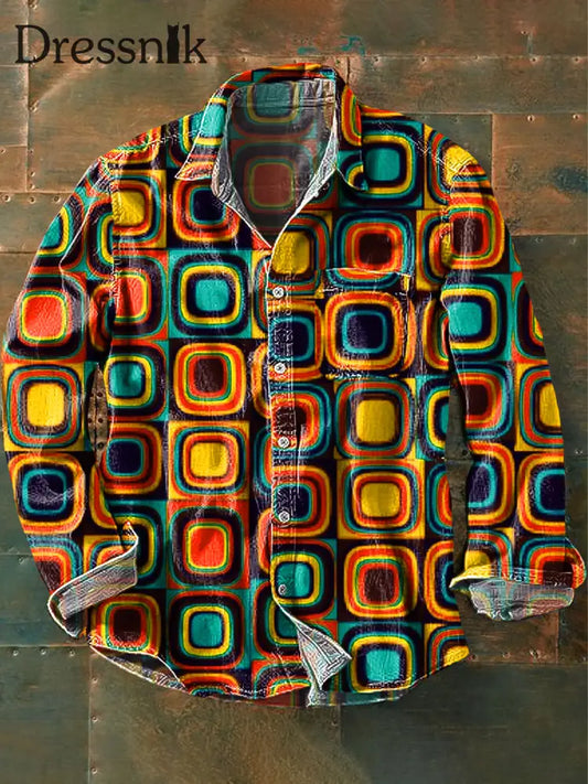 Herren Vintage Mehrfarbiges Unregelmäßiges Geometrisches Kunstdruck-Revers-Langarm-Taschen Hemd