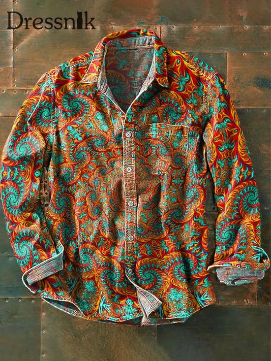 Herren Vintage Mehrfarbiges Unregelmäßiges Wirbel-Kunstdruck-Revers-Langarm-Taschen Hemd Bunt / S