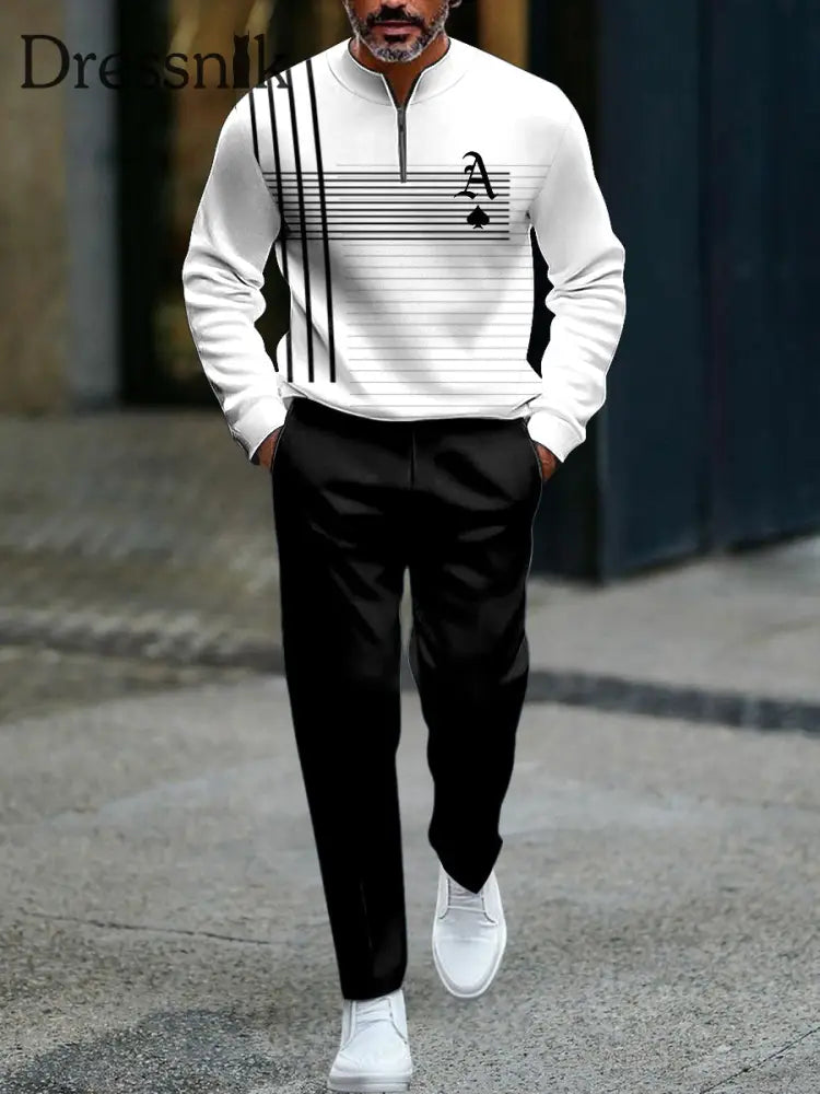 Herren Vintage Minimalist Asymmetrisch-Linie lässig Polo lange Hosen Set mehrfarbig / S