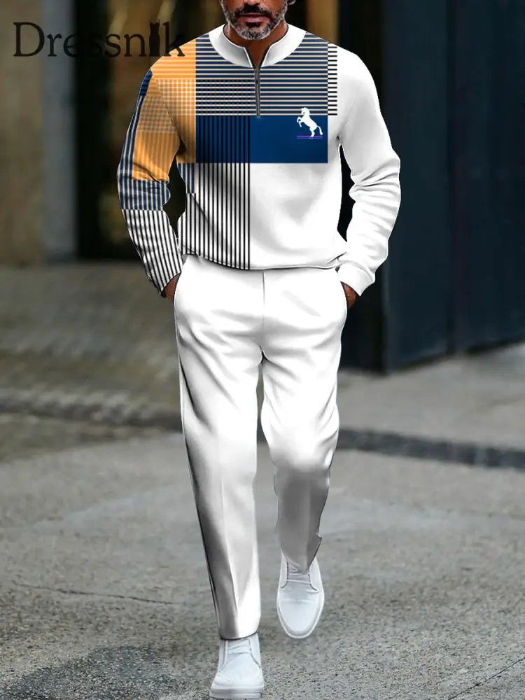 Herren Vintage Minimalist Gestreiftes Casual Business Polo Lange Hosen Set mehrfarbig / S