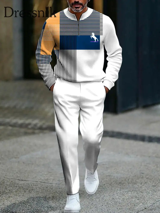 Herren Vintage Minimalist Gestreiftes Casual Business Polo Lange Hosen Set mehrfarbig / S
