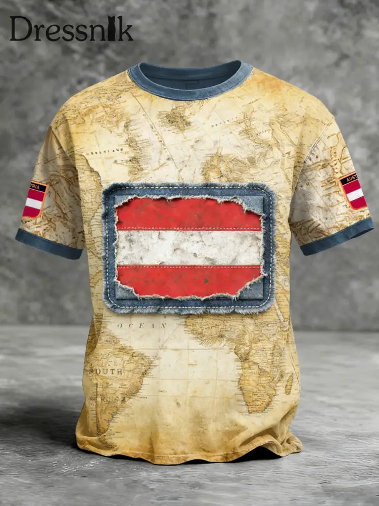 Herren Vintage Österreich ische Flagge Karte Patchwork Print T-Shirt Gelb / S