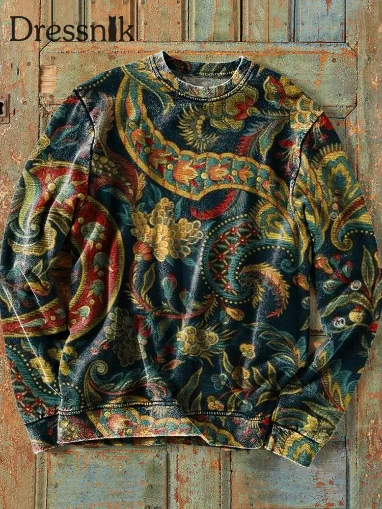 Herren Vintage Paisley Besticktes Sweatshirt Aus Baumwolle Mit Rundhals Ausschnitt Bunt / S