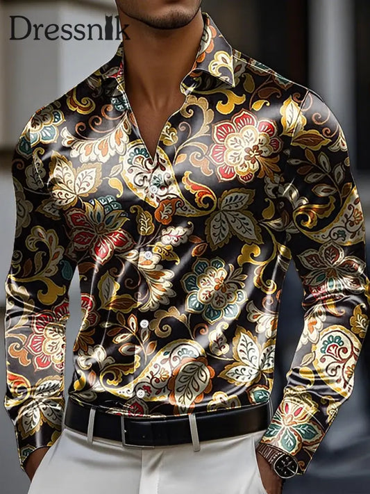 Herren Vintage Paisley Blumen druck Premium Satin Langarm Hemd bunt / S