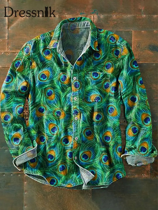 Herren Vintage Peacock Feder Kunstdruck Revers Langarm Taschen Hemd Bunt / S