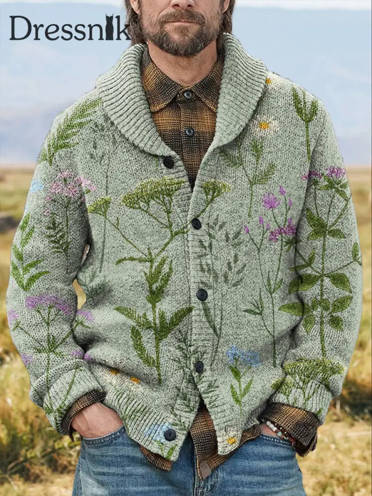 Herren Vintage-Pullover Mit Blumen Druck Knopf-Strickjacke Langen Ärmeln A / S