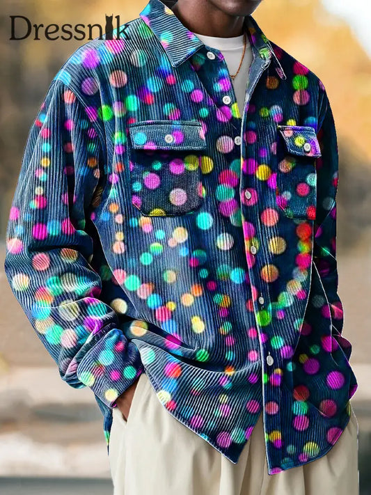 Herren Vintage Regenbogen Farbe Dot Art Print Cord Revers Langarm Taschen Hemd Bunt / S