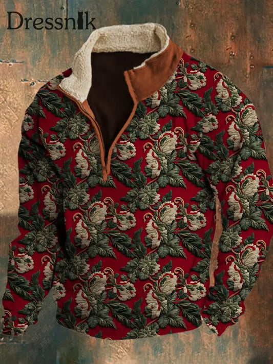 Herren Vintage Rot Blumen Stickerei Print Pelz kragen Reiß verschluss Flush Outdoor Sweatshirt A / S