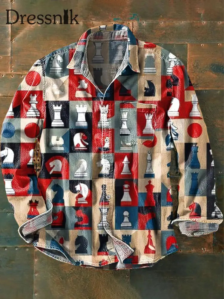 Herren Vintage Schach Kunstdruck Langarm Taschen hemd bunt / S