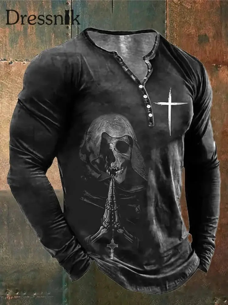 Herren-Vintage-Schädel-Kreuz-Kreuz-bedrucktes Henry-Langarm-Hemd Schwarz / S