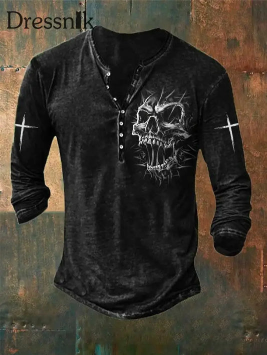 Herren-Vintage-Schädel-Kreuz-Kreuz-bedrucktes Henry-Langarm-Hemd Schwarz / S