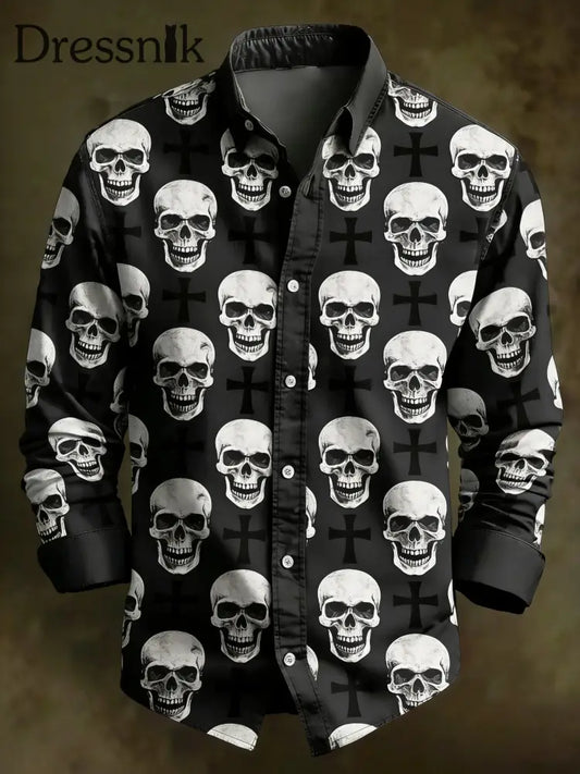 Herren Vintage Schädel Langarm Hemd Schwarz / S