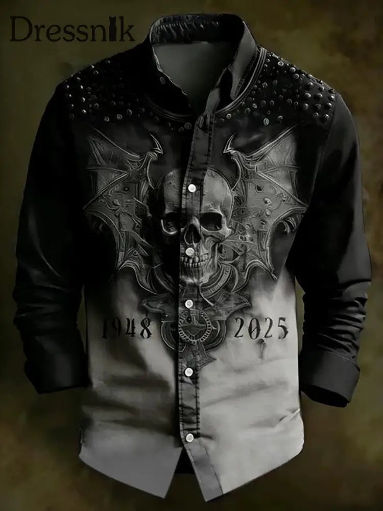 Herren Vintage Schädel Langarm Hemd Schwarz / S