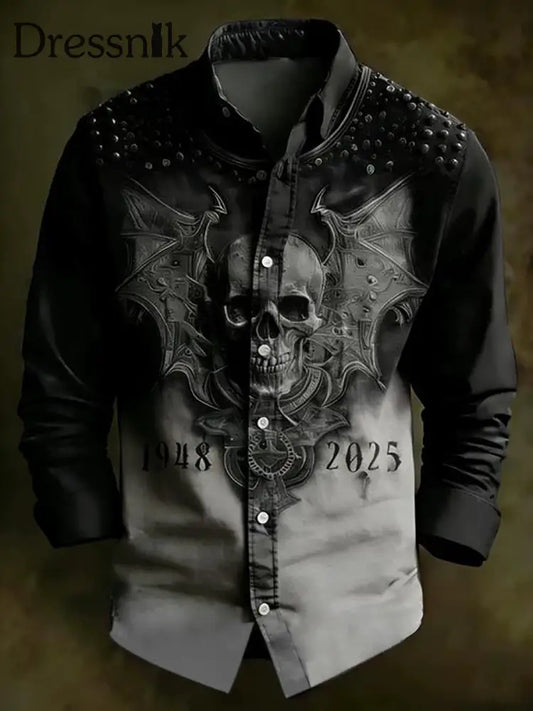 Herren Vintage Schädel Langarm Hemd Schwarz / S