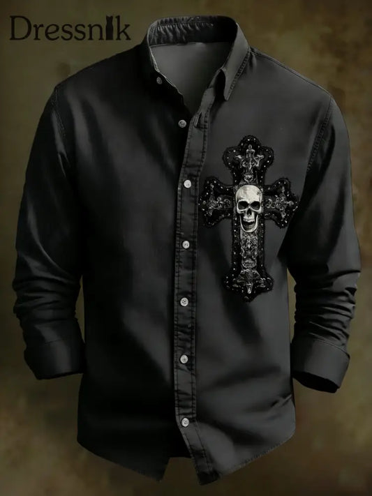 Herren Vintage Schädel Langarm Hemd Schwarz / S