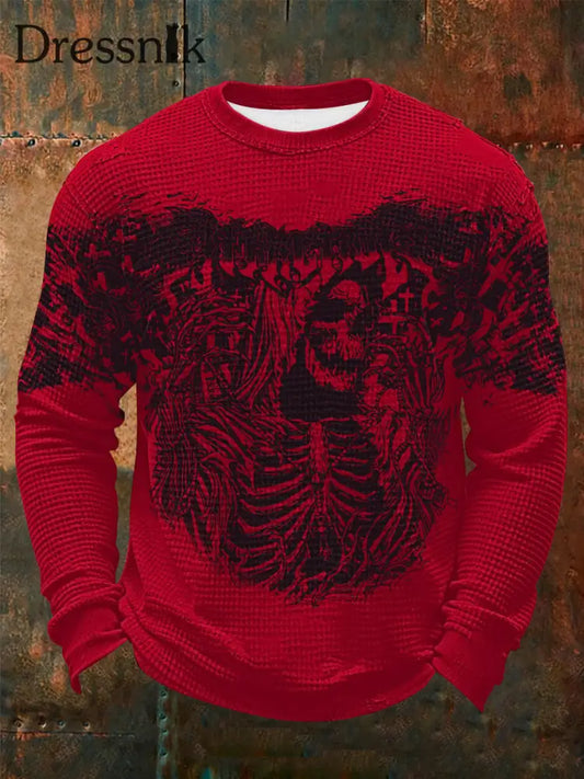 Herren Vintage Schädel Waffel Langarm T-Shirt Rot / S