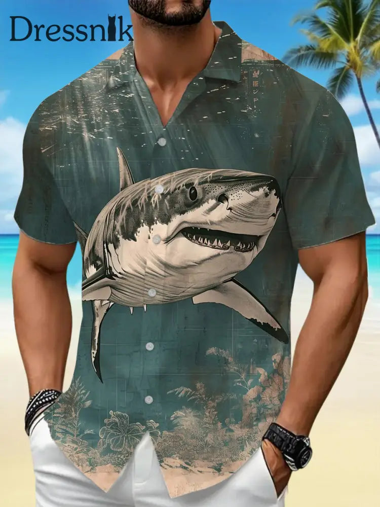 Herren Vintage Shark Print Lässiges Kurzarm-Urlaubs hemd Jade grün / S