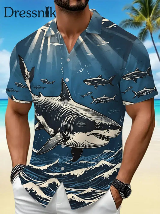 Herren Vintage Sharks Print Lässiges Kurzarm-Urlaubs hemd blau / S
