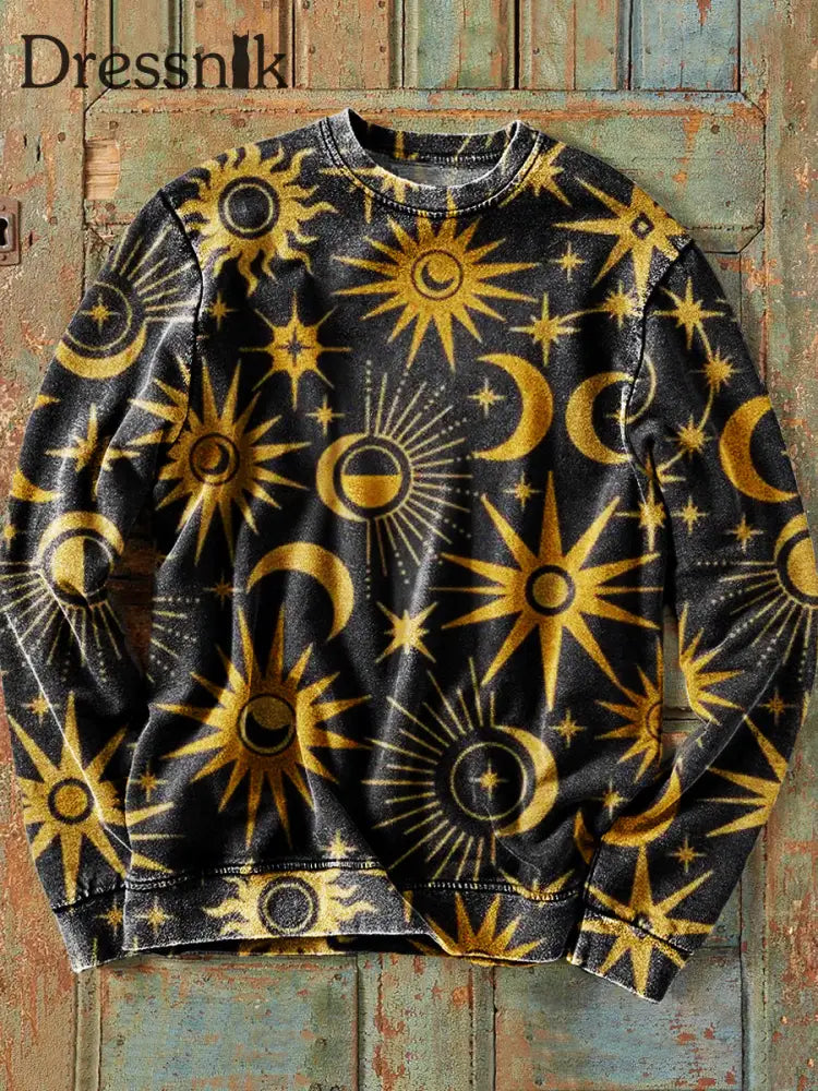 Herren Vintage Sonnenmond-Kunstdruck-Sweatshirt Aus Baumwolle Mit Rundhals Ausschnitt Bunt / S