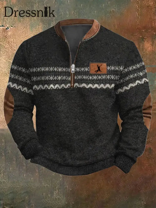 Herren Vintage Strick Print Sweatshirt mit Reiß verschluss Schwarz / S